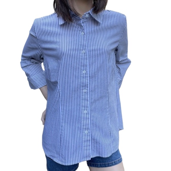 Covington 3/4 sleeve Blue White Glitter Pin Stripe Blouse Size Large - Picture 11 of 11